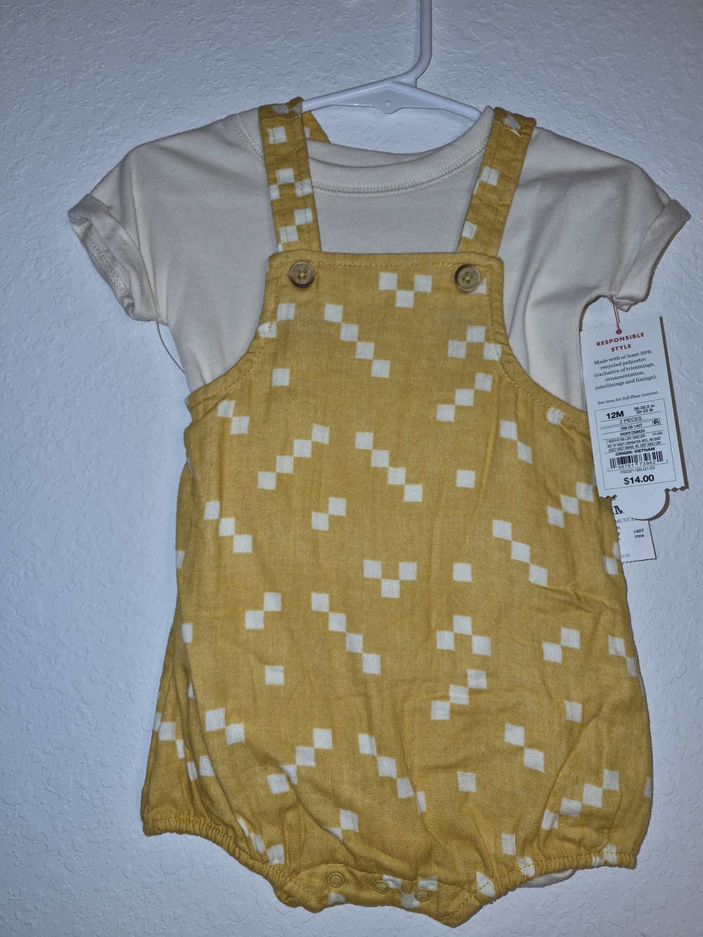 Cat & Jack Yellow Patterned Suspender Romper with Cream Tee